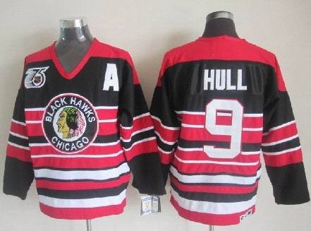 Chicago Blackhawks #9 Bobby Hull Black With Red 75TH A Patch Jerseys,We sell and wholesale Chicago Blackhawks #9 Bobby Hull Black With Red 75TH A Patch Jerseys on line form chian!