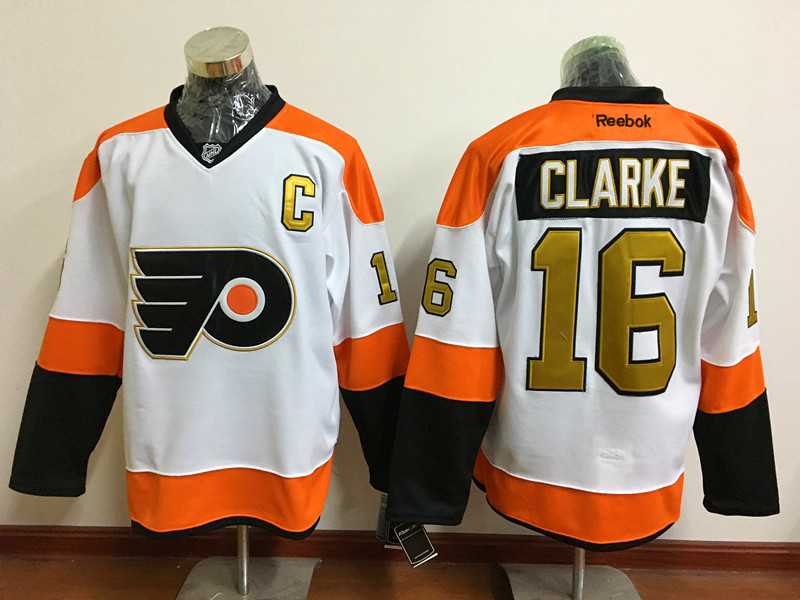 Philadelphia Flyers #16 Bobby Clarke 50TH Patch White-Golden Stitched NHL Jersey,We sell and wholesale Philadelphia Flyers #16 Bobby Clarke 50TH Patch White-Golden Stitched NHL Jersey on line form chian!