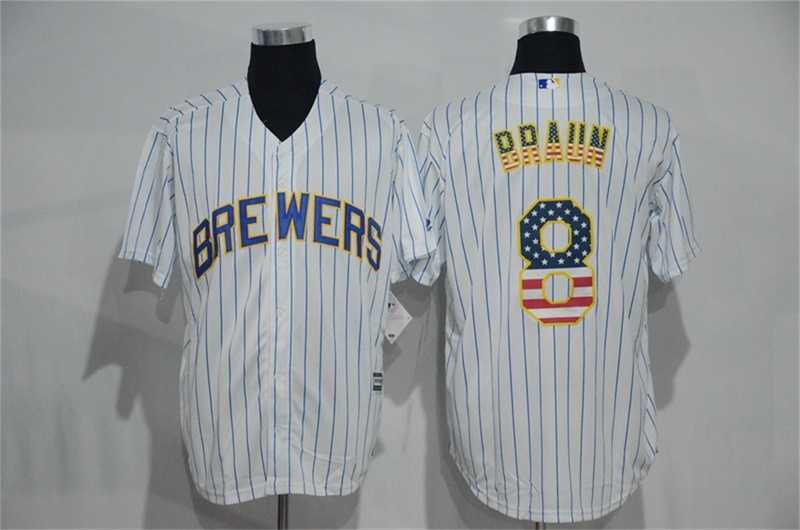 Milwaukee Brewers #8 Ryan Braun White Pinstripe USA Flag Fashion Stitched MLB Jersey,We sell and wholesale Milwaukee Brewers #8 Ryan Braun White Pinstripe USA Flag Fashion Stitched MLB Jersey on line form chian!