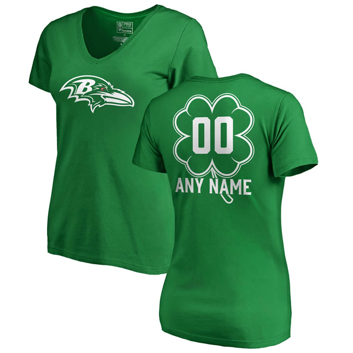 Customized Women's Baltimore Ravens NFL Pro Line by Fanatics Branded Kelly Green St. Patrick's Day Personalized Name & Number Slim Fit V Neck T-Shirt,We sell and wholesale Customized Women's Baltimore Ravens NFL Pro Line by Fanatics Branded Kelly Green St. Patrick's Day Personalized Name & Number Slim Fit V Neck T-Shirt on line form chian!