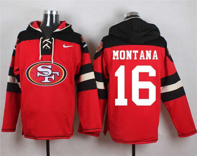 San Francisco 49ers #16 Joe Montana Red Player Stitched Pullover NFL Hoodie,We sell and wholesale San Francisco 49ers #16 Joe Montana Red Player Stitched Pullover NFL Hoodie on line form chian!