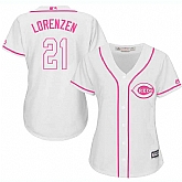 Women's Cincinnati Reds #21 Michael Lorenzen White Pink New Cool Base Jersey,baseball caps,new era cap wholesale,wholesale hats