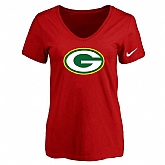 Women's Green Bay Packers Red Logo V neck T-Shirt FengYun