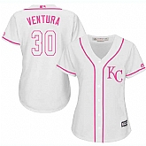 Women's Kansas City Royals #30 Yordano Ventura White Pink New Cool Base Jersey