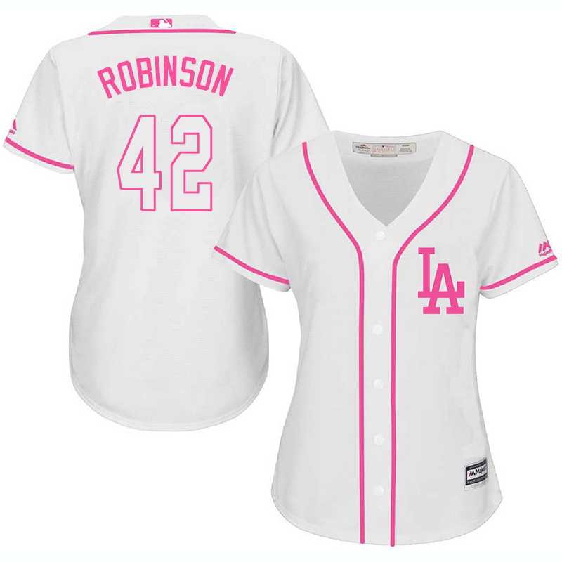 Women's Los Angeles Dodgers #42 Jackie Robinson White Pink New Cool Base Jersey,We sell and wholesale Women's Los Angeles Dodgers #42 Jackie Robinson White Pink New Cool Base Jersey on line form chian!