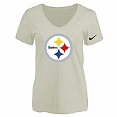 Women's Pittsburgh Steelers Cream Logo V neck T-Shirt FengYun