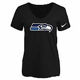 Women's Seattle Seahawks Black Logo V neck T-Shirt FengYun,baseball caps,new era cap wholesale,wholesale hats