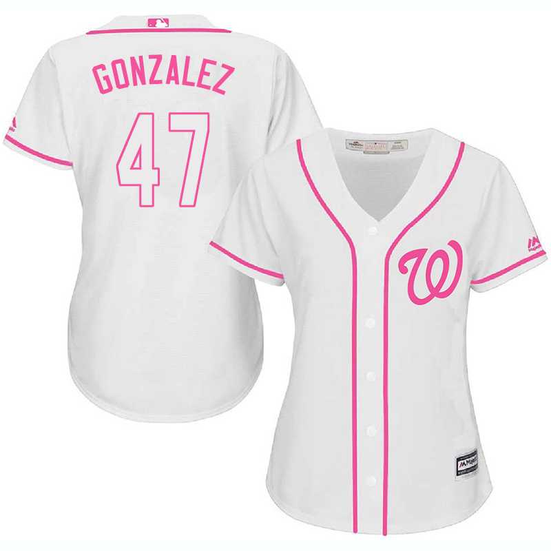 Women's Washington Nationals #47 Gio Gonzalez White Pink New Cool Base Jersey,We sell and wholesale Women's Washington Nationals #47 Gio Gonzalez White Pink New Cool Base Jersey on line form chian!