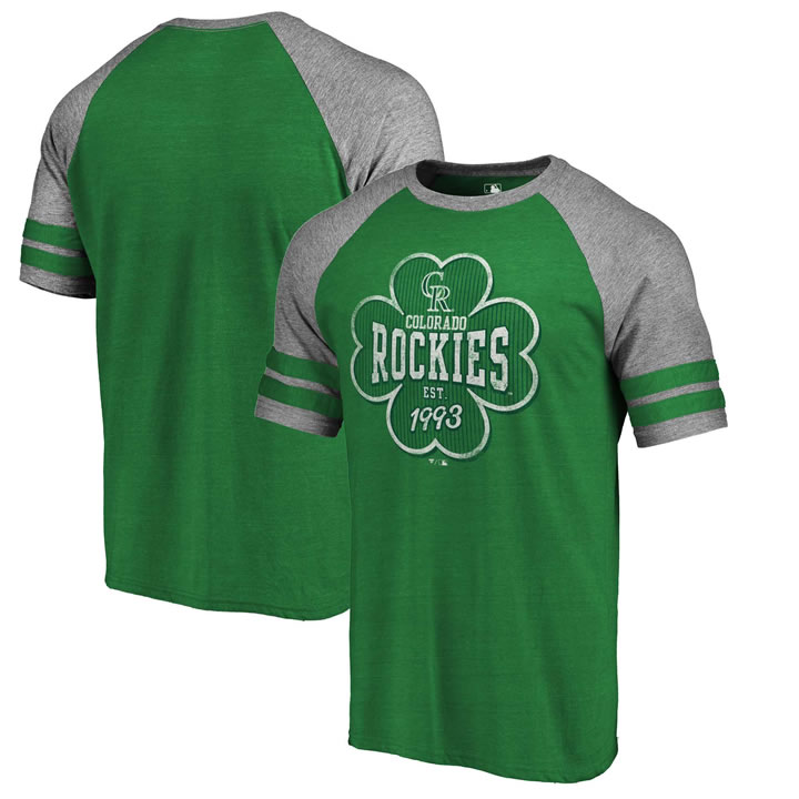 Colorado Rockies Fanatics Branded 2018 St. Patrick's Day Emerald Isle Refresh Raglan 2 Stripe Tri Blend T-Shirt Kelly Green,We sell and wholesale Colorado Rockies Fanatics Branded 2018 St. Patrick's Day Emerald Isle Refresh Raglan 2 Stripe Tri Blend T-Shirt Kelly Green on line form chian!