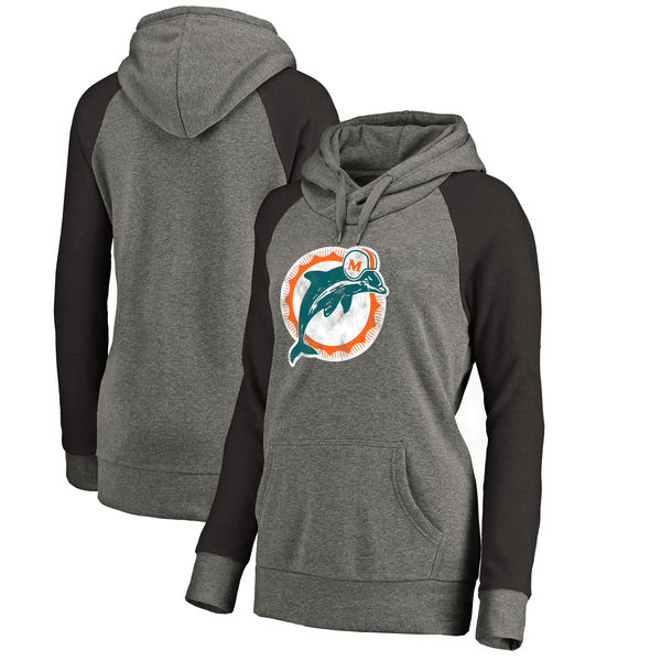 Women Miami Dolphins NFL Pro Line by Fanatics Branded Throwback Logo Tri-Blend Raglan Plus Size Pullover Hoodie - GrayBlack,We sell and wholesale Women Miami Dolphins NFL Pro Line by Fanatics Branded Throwback Logo Tri-Blend Raglan Plus Size Pullover Hoodie - GrayBlack on line form chian!