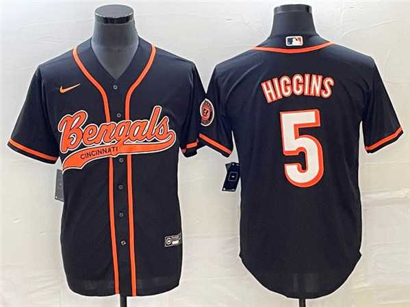 Men's Cincinnati Bengals #5 Tee Higgins Black With Patch Cool Base Stitched Baseball Jersey,We sell and wholesale Men's Cincinnati Bengals #5 Tee Higgins Black With Patch Cool Base Stitched Baseball Jersey on line form chian!