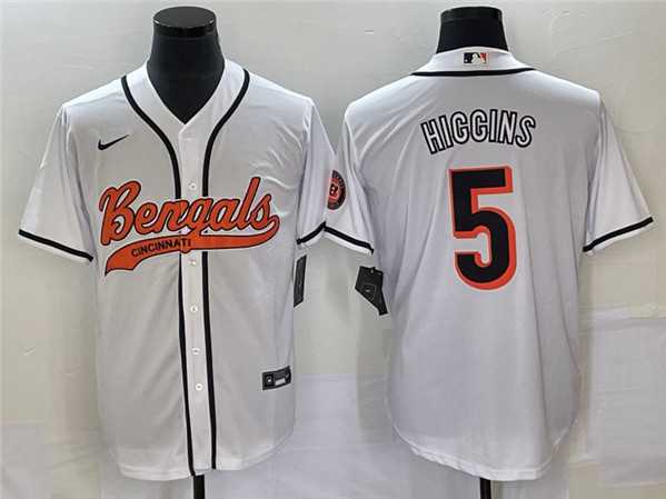 Men's Cincinnati Bengals #5 Tee Higgins White With Patch Cool Base Stitched Baseball Jersey,We sell and wholesale Men's Cincinnati Bengals #5 Tee Higgins White With Patch Cool Base Stitched Baseball Jersey on line form chian!