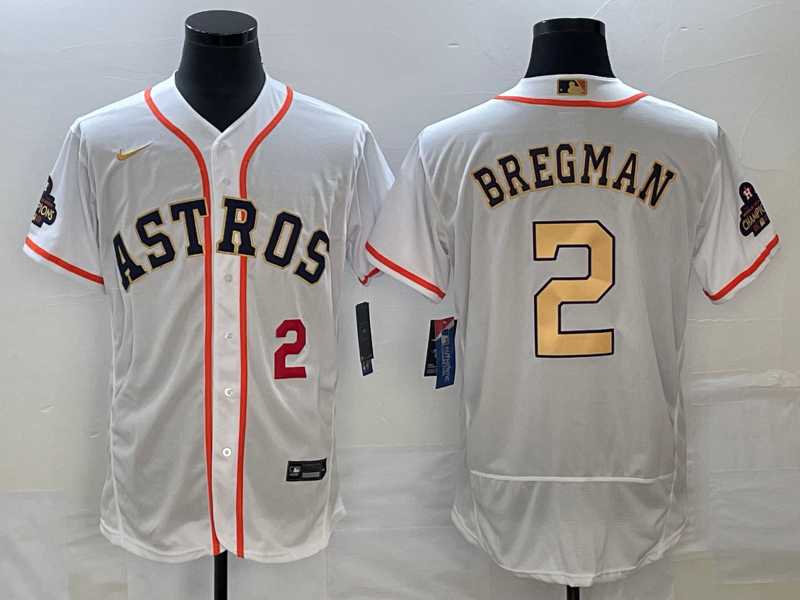 Men's Houston Astros #2 Alex Bregman Number 2023 White Gold World Serise Champions Patch Flex Base Stitched Jerseys,We sell and wholesale Men's Houston Astros #2 Alex Bregman Number 2023 White Gold World Serise Champions Patch Flex Base Stitched Jerseys on line form chian!