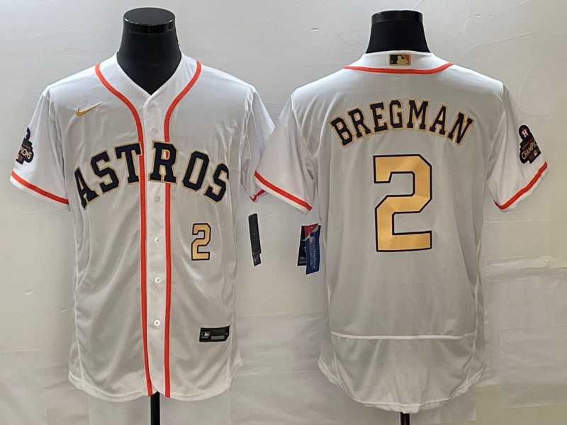 Men's Houston Astros #2 Alex Bregman Number 2023 White Gold World Serise Champions Patch Flex Base Stitched MLB Jersey,We sell and wholesale Men's Houston Astros #2 Alex Bregman Number 2023 White Gold World Serise Champions Patch Flex Base Stitched MLB Jersey on line form chian!