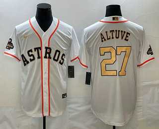 Men's Houston Astros #27 Jose Altuve 2023 White Gold World Serise Champions Patch Cool Base Stitched Jersey,We sell and wholesale Men's Houston Astros #27 Jose Altuve 2023 White Gold World Serise Champions Patch Cool Base Stitched Jersey on line form chian!