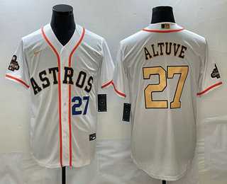 Men's Houston Astros #27 Jose Altuve Number 2023 White Gold World Serise Champions Patch Cool Base Stitched Jersey,We sell and wholesale Men's Houston Astros #27 Jose Altuve Number 2023 White Gold World Serise Champions Patch Cool Base Stitched Jersey on line form chian!