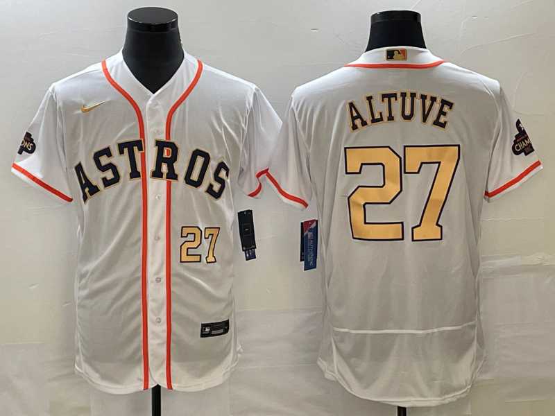 Men's Houston Astros #27 Jose Altuve Number 2023 White Gold World Serise Champions Patch Flex Base Stitched Jersey,We sell and wholesale Men's Houston Astros #27 Jose Altuve Number 2023 White Gold World Serise Champions Patch Flex Base Stitched Jersey on line form chian!