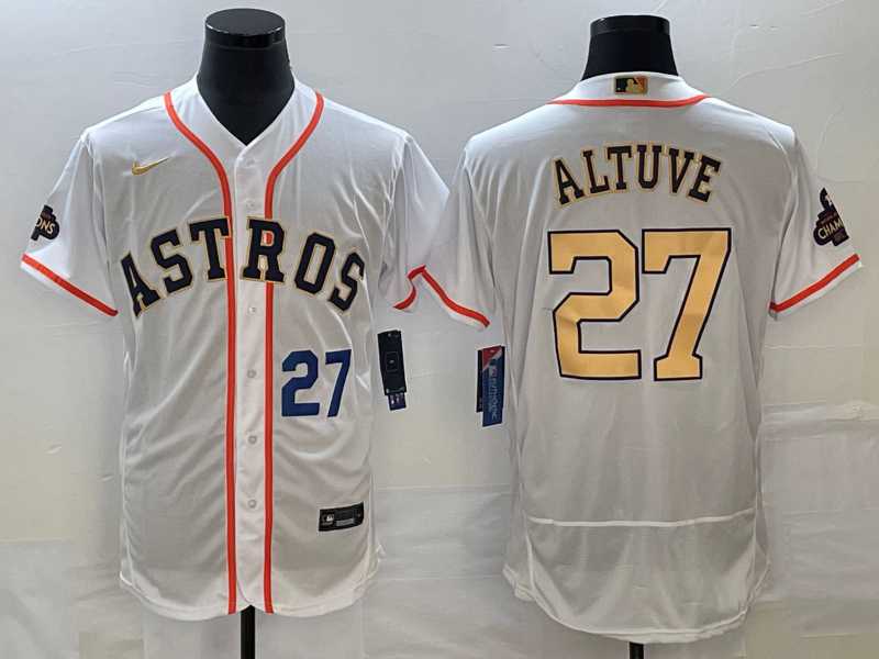 Men's Houston Astros #27 Jose Altuve Number 2023 White Gold World Serise Champions Patch Flex Base Stitched Jerseys,We sell and wholesale Men's Houston Astros #27 Jose Altuve Number 2023 White Gold World Serise Champions Patch Flex Base Stitched Jerseys on line form chian!