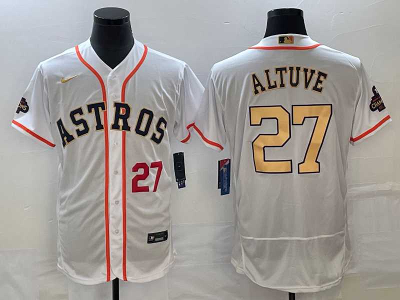 Men's Houston Astros #27 Jose Altuve Number 2023 White Gold World Serise Champions Patch Flex Base Stitched MLB Jersey,We sell and wholesale Men's Houston Astros #27 Jose Altuve Number 2023 White Gold World Serise Champions Patch Flex Base Stitched MLB Jersey on line form chian!
