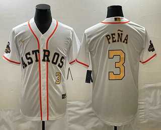 Men's Houston Astros #3 Jeremy Pena 2023 White Gold World Serise Champions Patch Cool Base Jerseys,We sell and wholesale Men's Houston Astros #3 Jeremy Pena 2023 White Gold World Serise Champions Patch Cool Base Jerseys on line form chian!