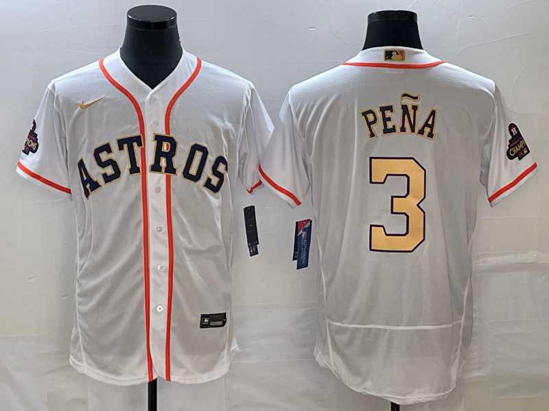 Men's Houston Astros #3 Jeremy Pena 2023 White Gold World Serise Champions Patch Flex Base Stitched Jersey,We sell and wholesale Men's Houston Astros #3 Jeremy Pena 2023 White Gold World Serise Champions Patch Flex Base Stitched Jersey on line form chian!