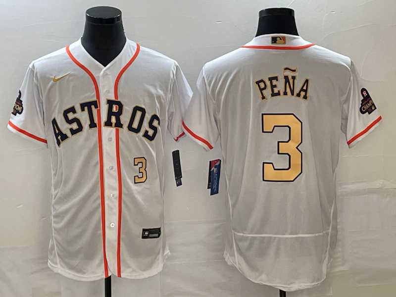 Men's Houston Astros #3 Jeremy Pena Number 2023 White Gold World Serise Champions Patch Flex Base Stitched Jerseys,We sell and wholesale Men's Houston Astros #3 Jeremy Pena Number 2023 White Gold World Serise Champions Patch Flex Base Stitched Jerseys on line form chian!