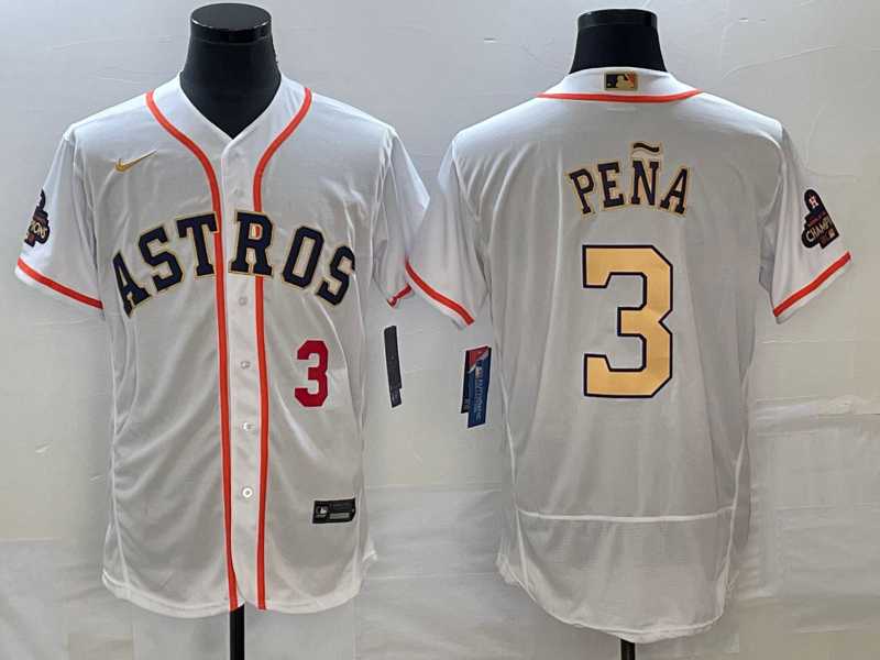Men's Houston Astros #3 Jeremy Pena Number 2023 White Gold World Serise Champions Patch Flex Base Stitched MLB Jersey,We sell and wholesale Men's Houston Astros #3 Jeremy Pena Number 2023 White Gold World Serise Champions Patch Flex Base Stitched MLB Jersey on line form chian!