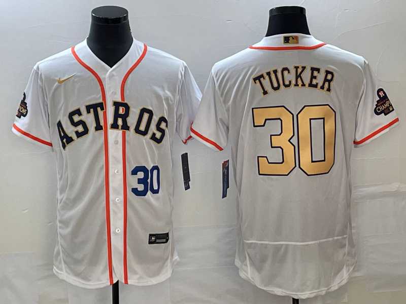 Men's Houston Astros #30 Kyle Tucker Number 2023 White Gold World Serise Champions Patch Flex Base Stitched Jersey,We sell and wholesale Men's Houston Astros #30 Kyle Tucker Number 2023 White Gold World Serise Champions Patch Flex Base Stitched Jersey on line form chian!