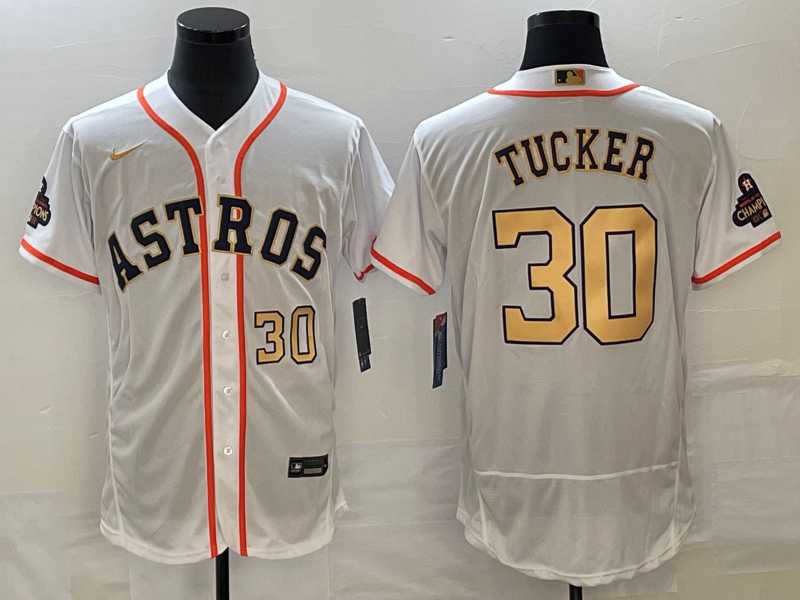 Men's Houston Astros #30 Kyle Tucker Number 2023 White Gold World Serise Champions Patch Flex Base Stitched Jerseys,We sell and wholesale Men's Houston Astros #30 Kyle Tucker Number 2023 White Gold World Serise Champions Patch Flex Base Stitched Jerseys on line form chian!