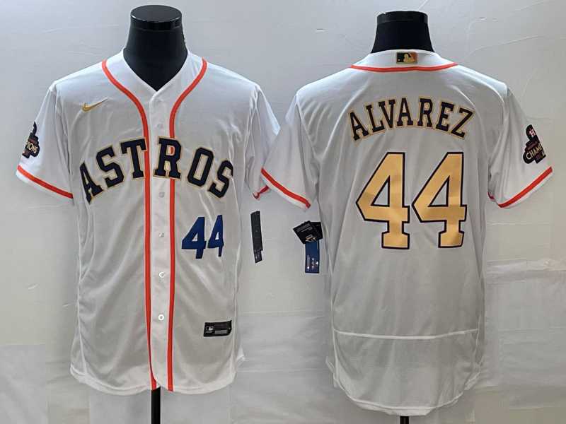 Men's Houston Astros #44 Yordan Alvarez Number 2023 White Gold World Serise Champions Patch Flex Base Stitched Jersey,We sell and wholesale Men's Houston Astros #44 Yordan Alvarez Number 2023 White Gold World Serise Champions Patch Flex Base Stitched Jersey on line form chian!