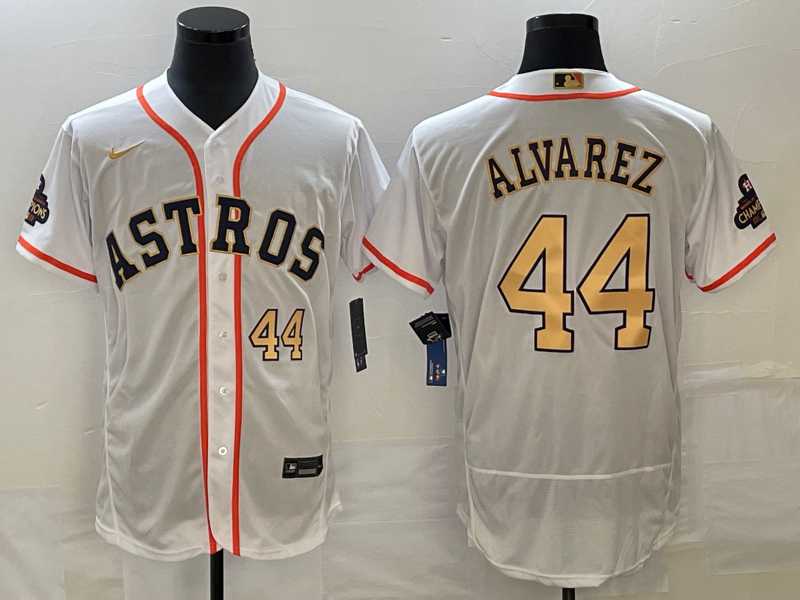 Men's Houston Astros #44 Yordan Alvarez Number 2023 White Gold World Serise Champions Patch Flex Base Stitched Jerseys,We sell and wholesale Men's Houston Astros #44 Yordan Alvarez Number 2023 White Gold World Serise Champions Patch Flex Base Stitched Jerseys on line form chian!