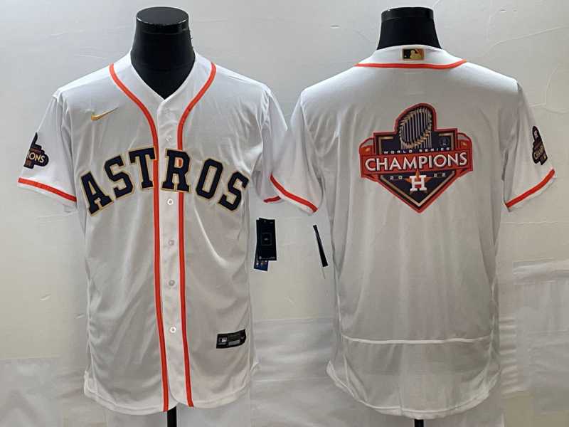 Men's Houston Astros Big Logo 2023 White Gold World Serise Champions Patch Flex Base Stitched Jersey,We sell and wholesale Men's Houston Astros Big Logo 2023 White Gold World Serise Champions Patch Flex Base Stitched Jersey on line form chian!