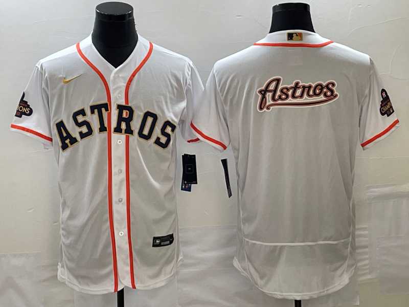 Men's Houston Astros Big Logo 2023 White Gold World Serise Champions Patch Flex Base Stitched Jerseys,We sell and wholesale Men's Houston Astros Big Logo 2023 White Gold World Serise Champions Patch Flex Base Stitched Jerseys on line form chian!