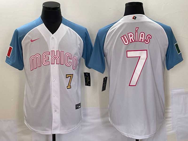 Men's Mexico #7 Julio Urias Number 2023 White Blue World Classic Stitched Jersey,We sell and wholesale Men's Mexico #7 Julio Urias Number 2023 White Blue World Classic Stitched Jersey on line form chian!
