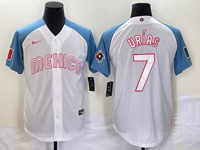 Men's Mexico Baseball #7 Julio Urias 2023 White Blue World Classic Stitched Jerseys (2),We sell and wholesale Men's Mexico Baseball #7 Julio Urias 2023 White Blue World Classic Stitched Jerseys (2) on line form chian!