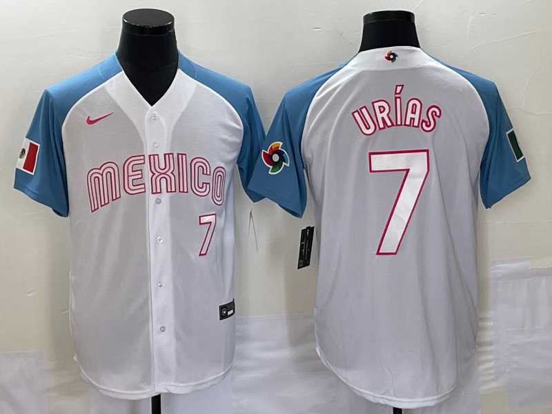 Men's Mexico Baseball #7 Julio Urias Number 2023 White Blue World Classic Stitched Jersey (2),We sell and wholesale Men's Mexico Baseball #7 Julio Urias Number 2023 White Blue World Classic Stitched Jersey (2) on line form chian!