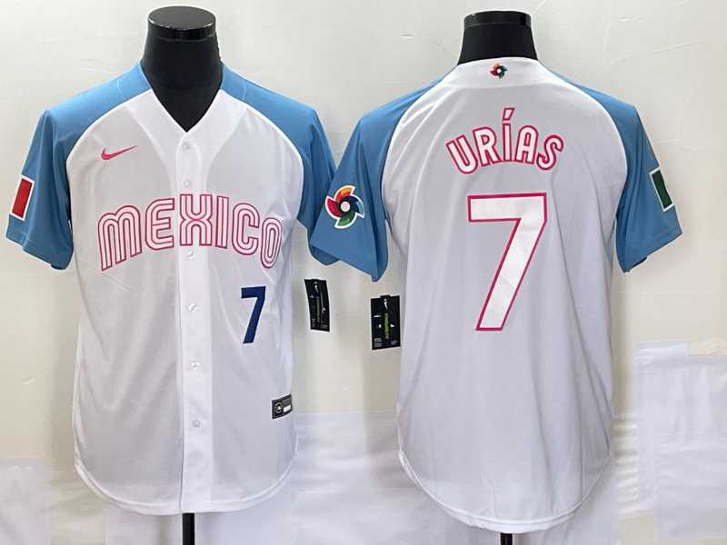 Men's Mexico Baseball #7 Julio Urias Number 2023 White Blue World Classic Stitched Jerseys (2),We sell and wholesale Men's Mexico Baseball #7 Julio Urias Number 2023 White Blue World Classic Stitched Jerseys (2) on line form chian!