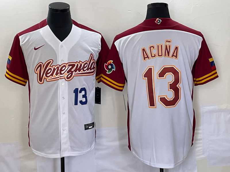 Men's Venezuela #13 Ronald Acuna Jr Number 2023 White Red World Classic Stitched Jersey,We sell and wholesale Men's Venezuela #13 Ronald Acuna Jr Number 2023 White Red World Classic Stitched Jersey on line form chian!