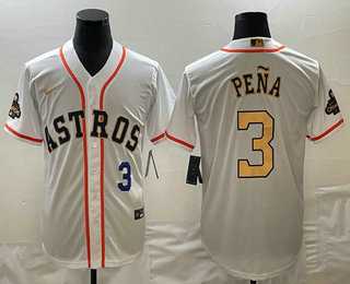Mens Houston Astros #3 Jeremy Pena 2023 White Gold World Serise Champions Patch Cool Base Stitched Jersey,We sell and wholesale Mens Houston Astros #3 Jeremy Pena 2023 White Gold World Serise Champions Patch Cool Base Stitched Jersey on line form chian!