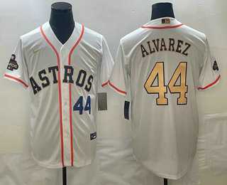 Mens Houston Astros #44 Yordan Alvarez Number 2023 White Gold World Serise Champions Patch Cool Base Stitched Jersey,We sell and wholesale Mens Houston Astros #44 Yordan Alvarez Number 2023 White Gold World Serise Champions Patch Cool Base Stitched Jersey on line form chian!