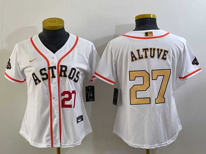 Women's Houston Astros #27 Jose Altuve Number 2023 White Gold World Serise Champions Patch Cool Base Stitched Jersey,We sell and wholesale Women's Houston Astros #27 Jose Altuve Number 2023 White Gold World Serise Champions Patch Cool Base Stitched Jersey on line form chian!