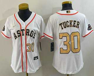 Women's Houston Astros #30 Kyle Tucker Number 2023 White Gold World Serise Champions Patch Cool Base Stitched Jerseys,We sell and wholesale Women's Houston Astros #30 Kyle Tucker Number 2023 White Gold World Serise Champions Patch Cool Base Stitched Jerseys on line form chian!
