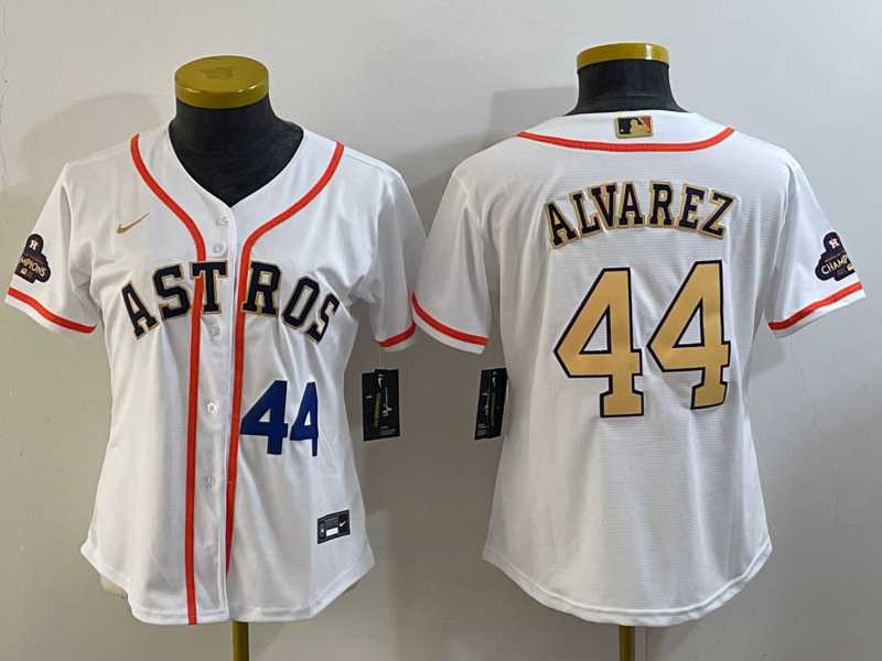 Women's Houston Astros #44 Yordan Alvarez Number 2023 White Gold World Serise Champions Patch Cool Base Jersey,We sell and wholesale Women's Houston Astros #44 Yordan Alvarez Number 2023 White Gold World Serise Champions Patch Cool Base Jersey on line form chian!