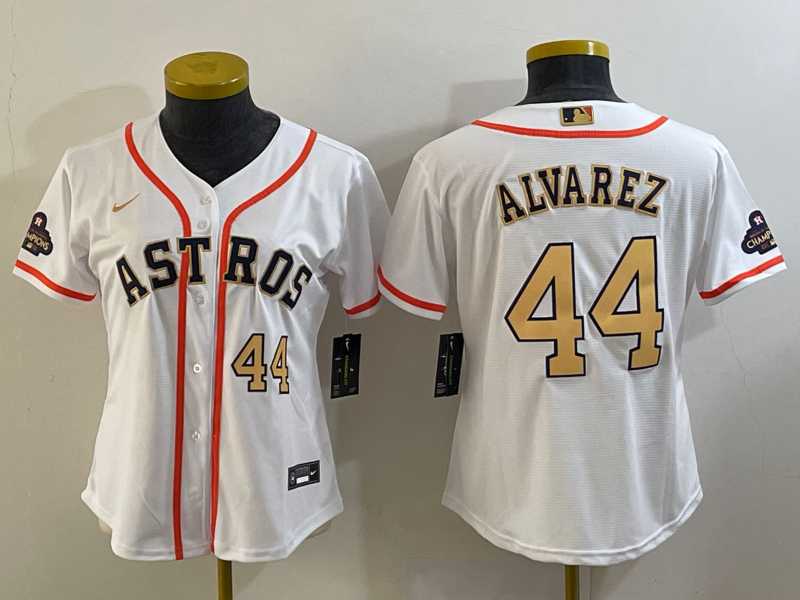 Women's Houston Astros #44 Yordan Alvarez Number 2023 White Gold World Serise Champions Patch Cool Base Stitched Jersey,We sell and wholesale Women's Houston Astros #44 Yordan Alvarez Number 2023 White Gold World Serise Champions Patch Cool Base Stitched Jersey on line form chian!
