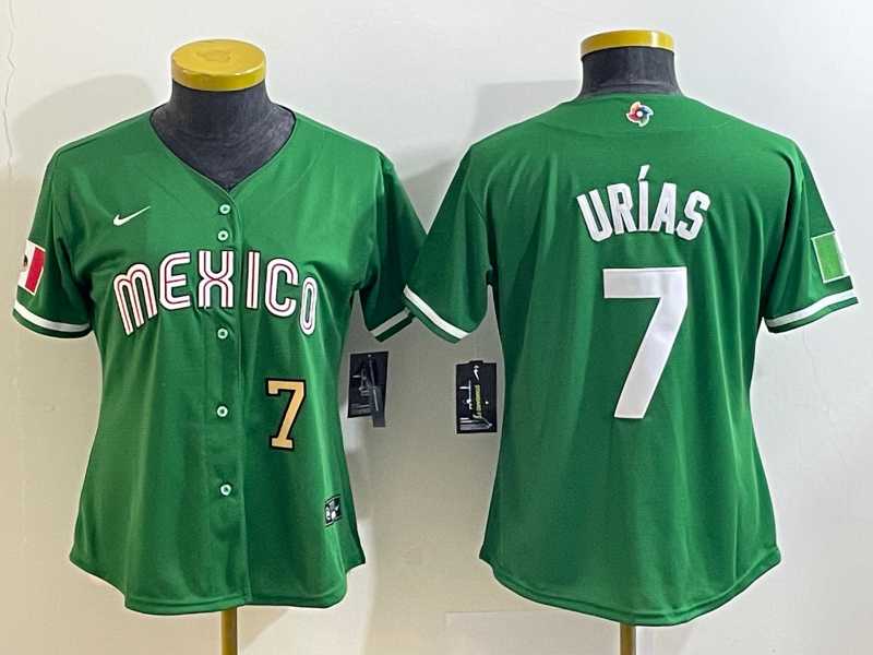 Women's Mexico Baseball #7 Julio Urias Number 2023 Green World Classic Stitched Jersey,We sell and wholesale Women's Mexico Baseball #7 Julio Urias Number 2023 Green World Classic Stitched Jersey on line form chian!