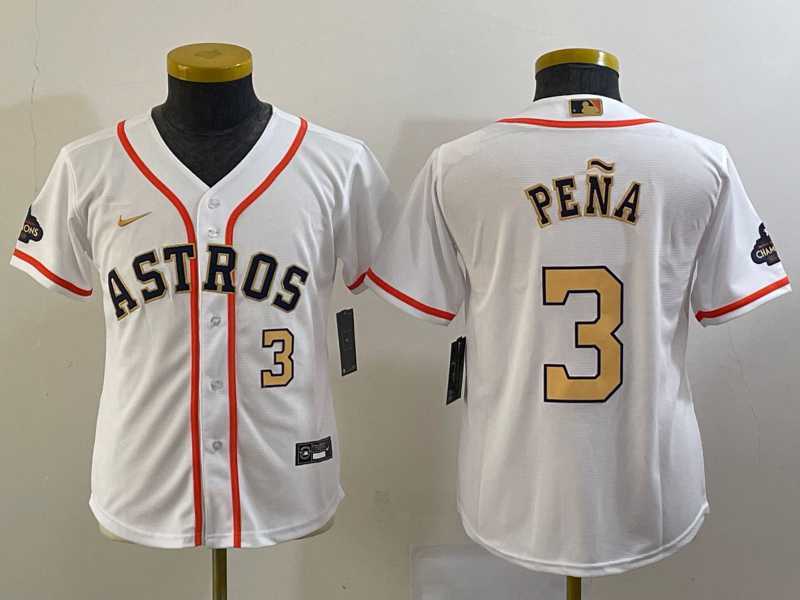 Youth Houston Astros #3 Jeremy Pena Number 2023 White Gold World Serise Champions Patch Cool Base Stitched Jersey,We sell and wholesale Youth Houston Astros #3 Jeremy Pena Number 2023 White Gold World Serise Champions Patch Cool Base Stitched Jersey on line form chian!