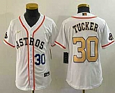 Youth Houston Astros #30 Kyle Tucker Number 2023 White Gold World Serise Champions Patch Cool Base Jersey