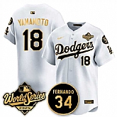 Men's Los Angeles Dodgers #18 Yoshinobu Yamamoto White Gold 2025 World Series With No.34 Patch Limited Stitched Jersey,baseball caps,new era cap wholesale,wholesale hats