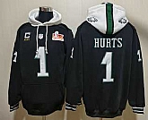 Men's Philadelphia Eagles #1 Jalen Hurts Black Super Bowl LIX Pullover Hoodie,baseball caps,new era cap wholesale,wholesale hats
