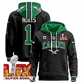 Men's Philadelphia Eagles #1 Jalen Hurts Black 2025 Super Bowl LIX With 4-Star C Patch Pullover Stitched Hoodie,baseball caps,new era cap wholesale,wholesale hats
